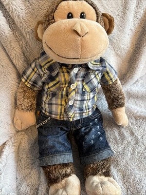 Build-A-Bear Plush Monkey Stuffed Animal Plaid Button Shirt & Punk Rock Jeans