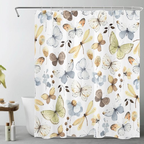 Beige Dragonfly Butterfly Blue Floral Shower Curtain Bathroom Accessories Set - 第 19/20 張圖片