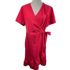 Kate Kasin Wrap Dress Short Sleeve V-Neck Ruffle Red Size XL Extra Large
