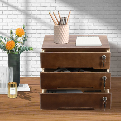 Wooden Desktop Storage Box with Lockable Drawers, Office Supplies File Organizer