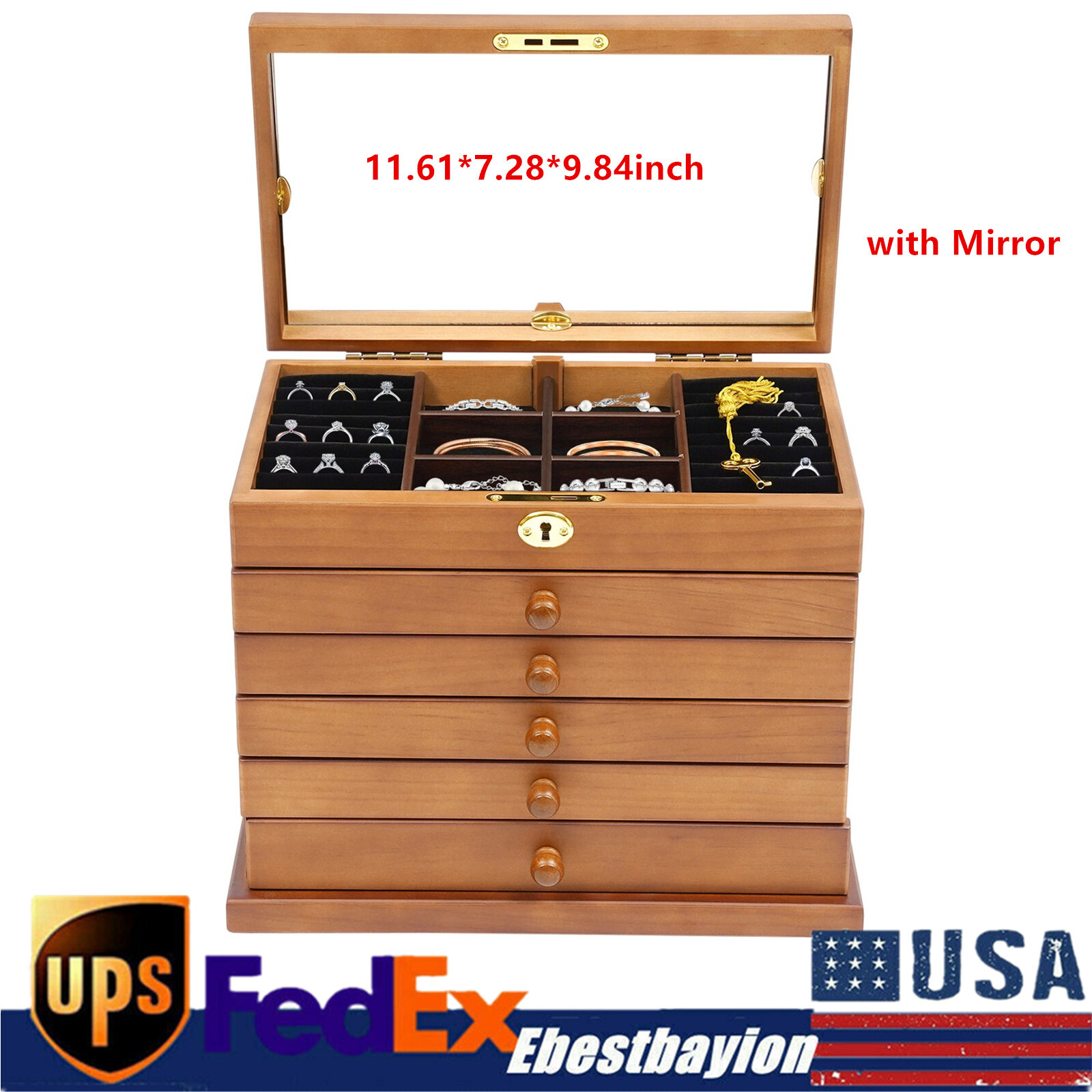 6 Layers Jewelry Box w/ Lock + Mirror Four-Leaf Carved Top Velvet Cabinet Case