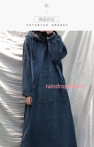 Herbst Retro Kleid Damen Vintage locker Denim Kapuze Langarm Freizeitkleid - Bild 7 von 12