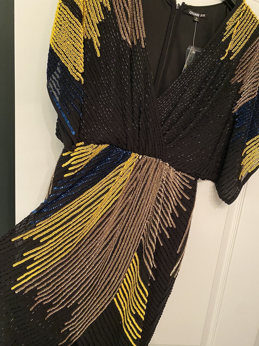 NWT Gianni Bini Bridget Beaded Dress Navy Champagne Chartreuse Yellow Gold 10 NWT Gianni Bini Bridget Beaded Dress Navy Champagne Chartreuse Yellow Gold 10