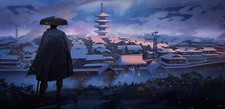 Landscape art illustration samurai town building Custom Gaming Mat Desk