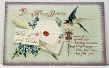 Birthday Wishes Bluebird Quill Pen and Envelope Embossed 1912 Postcard J10