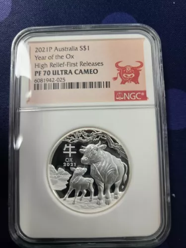 2021P Australia 1oz Silver Lunar Year of Ox High Relief NGC PF70 UC FR - Box&CoA