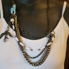 Plunder Charm Necklace Mixed Metals Bird, Lock, Faux Pearl Swag Designer blu1-38