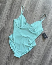 Costume da bagno Kate Spade pezzo unico piqué smerlato ferretto bassa marea blu acqua nuovo L