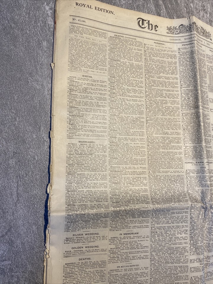 The Times Newspaper Royal Edn 3rd March 1924 Classifieds, Notices