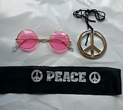 Men's Hippie Costume Plus Hippie Glasses Peace Sign Headband Necklace 60s 70s - Picture 3 of 3