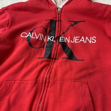 Calvin Klein Red Hoodie Black Logo Fleece Lined Style Girls MD 10 / 12 Jacket