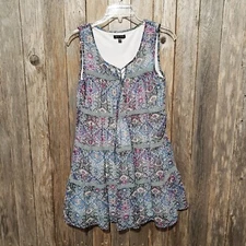 AUW As U Wish S Mini Dress Swing Sleeveless Keyhole Tie Neck Lace Flowy Mosaic