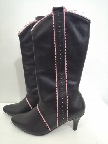 London Rebel Western Tall Cowboy Boots Leather Black Pink Heels Size UK 4 - Picture 2 of 12