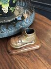 1953 Vintage Copper Colored Bronze Baby Shoes Wooden Base Collectible Home Decor