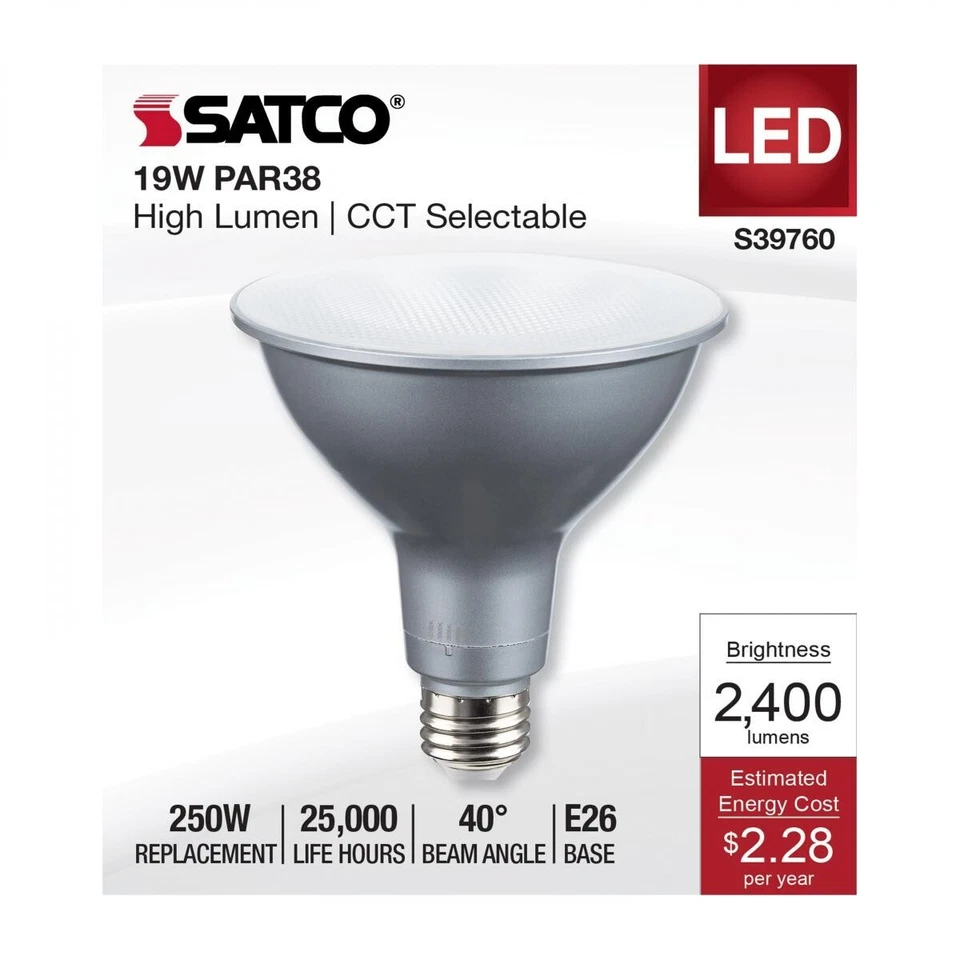 Satco S39760 - 19 Watt PAR38 High Lumen LED Light Bulbs - CCT Selectable (6 PK) - Image 2 of 4