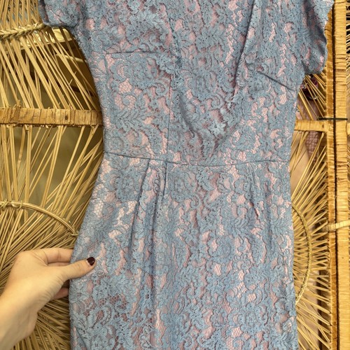 Vintage 1950s Pastel Lace Wiggle Dress S 60s Periwinkle Party Dress Pencil Dress - Picture 5 of 10