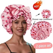 Cute 2piece Set Hat Headband Adjustable Soft Women Shower Cap Nightcap Comfortab