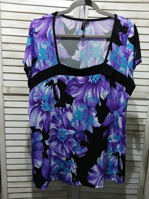Susan Lawrence Womens Blouse Size 1X Black Purple Floral Short Sleeve Stretch 