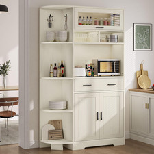 67" Tall Off-White Kitchen Pantry Cabinet with Outlet, Shelves Drawer