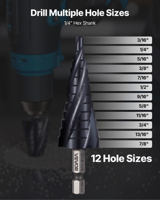Step Drill Bit, 3/16 to 7/8 inch, 1/4 inch Hex Shank, Fiberglass