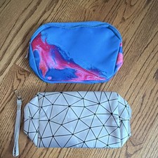 Set of 2 Geometric Makeup Bags Blue Pink Gray Black with Zipper - both for 11