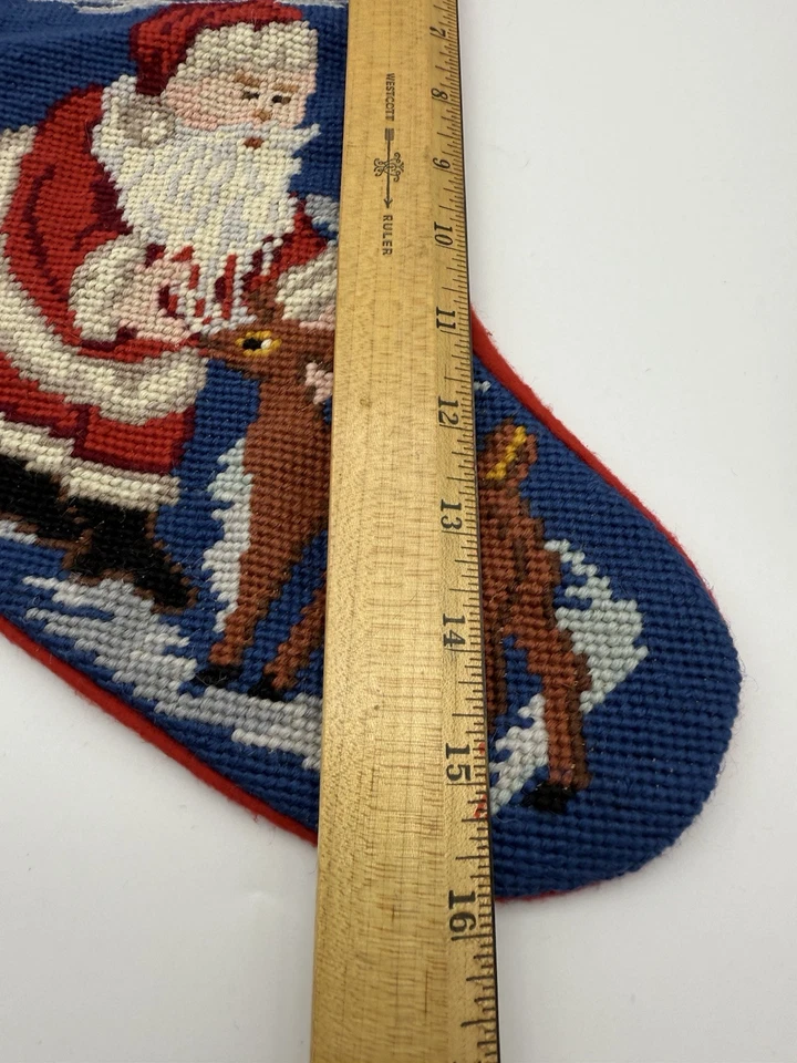 Needlepoint Christmas Stocking Blue Wool Santa Reindeer Red vintage - Image 4 of 4