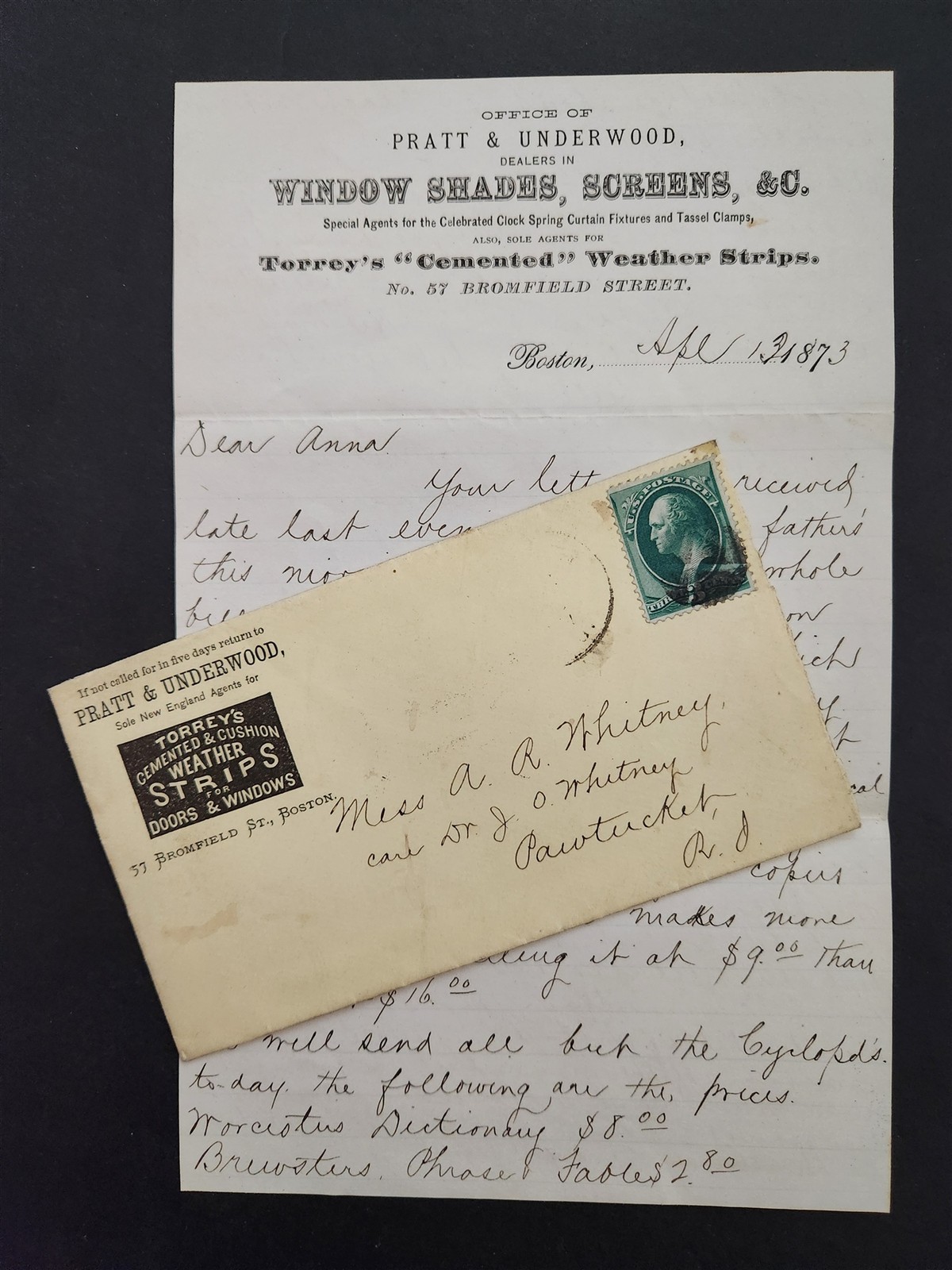 1873 antique PRATT & UNDERWOOD boston LETTERHEAD pawtucket MISS WHITNEY letter