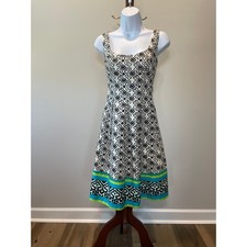 Nine West Size 4 Fit & Flare White Dress Black Pattern Blue Trim Desi Boho Style