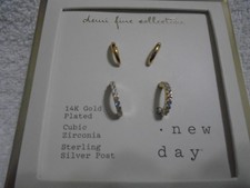NEW 2-Pair 14k Gold Plated Cubic Zirconia Sterling Silver Posts Hoop Earrings