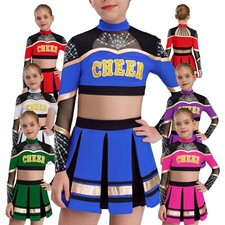 Kids Girls Cheerleading Rhinestones Costume 2-Piece Outfit Carnival Fancy Team