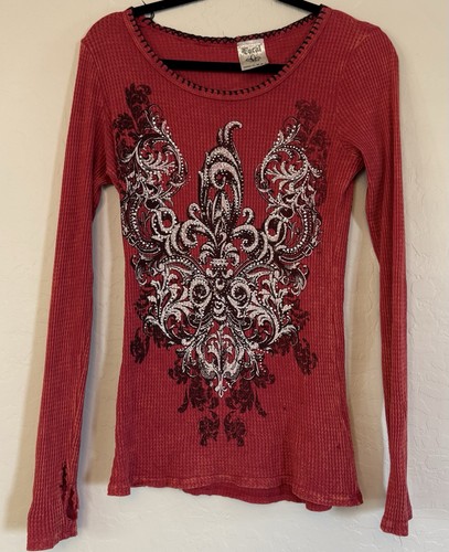 Vocal Womens Red Waffle Knit Rhinestone Fleur De Lis Long Sleeve Top Distressed