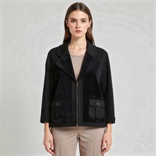 St John Black Velour Zip Front Blazer Jacket Size 10