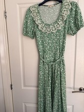 Boden Green & White Floral Lace Collar Long Maxi Dress Size 14 Short Puff Sleeve
