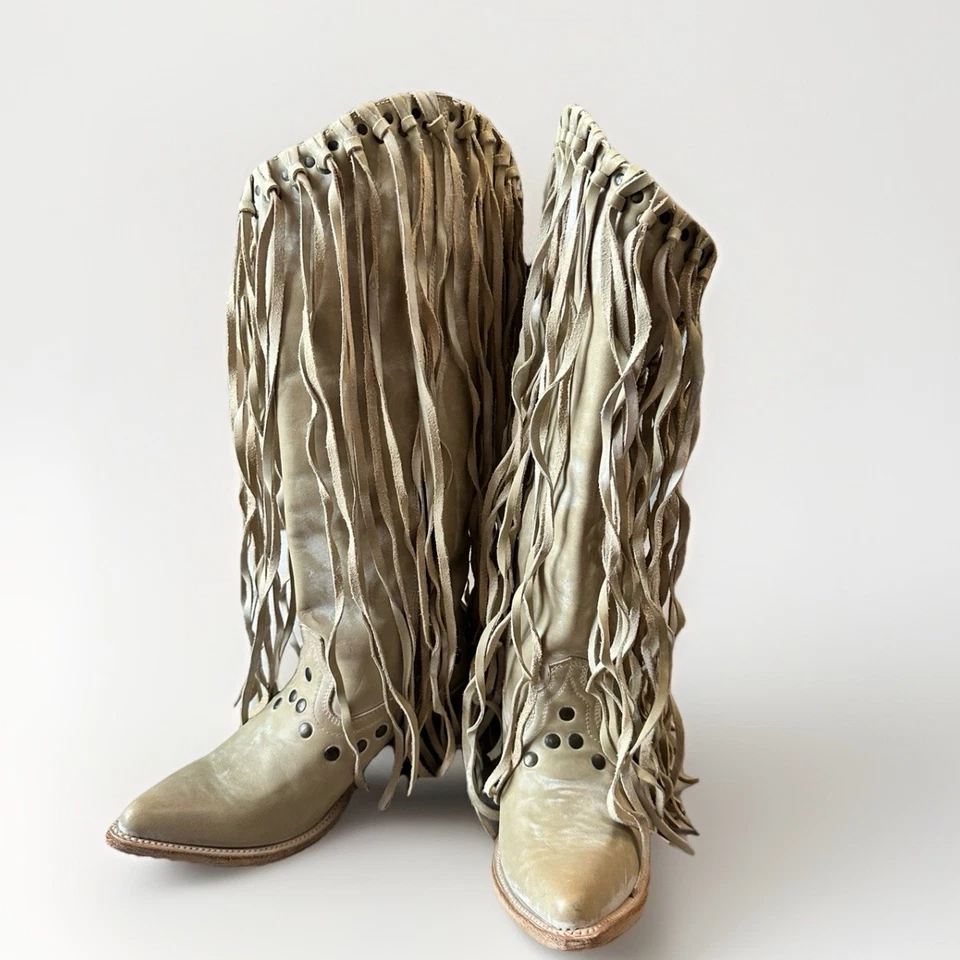 Auténticas Botas Corral Para Mujer Cuero Tachonado Flecos Tostado Beige Vaquera Botas Vaqueras Foto 4 de 4