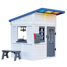 Teamson Kids Rainbow Shade Wooden Playhouse with Kitchen, Flower Box Bench