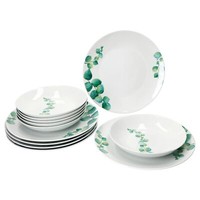 12Tlg Tafelservice Eukalyptus Weiß Porzellan 6 Personen Essteller Suppenteller