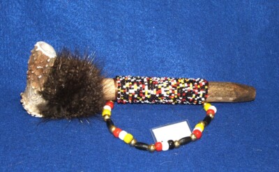 Native American made pipe with Elk Antler bowl Fur trim & bead wrap 10'' L New 06