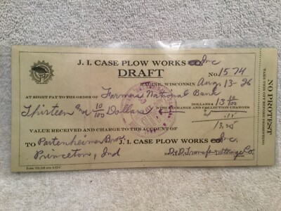 1926 Check J.I. Case Plow Works Racine WI to Partenheimer Bros. Of Princeton IN