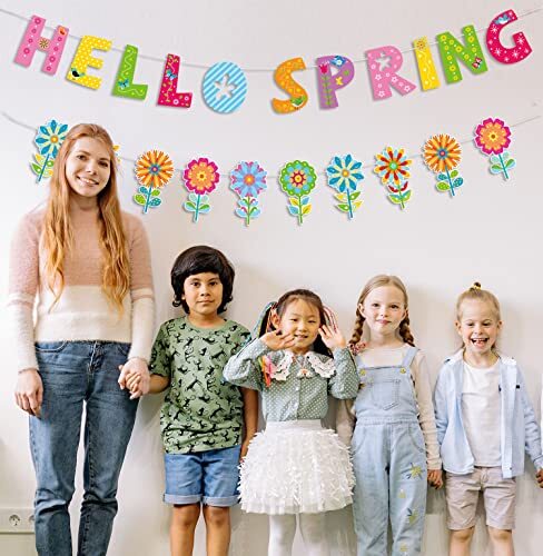 Hello Spring Banner Colorful Spring Bunting Banner Flower Pattern Banner - Picture 3 of 7