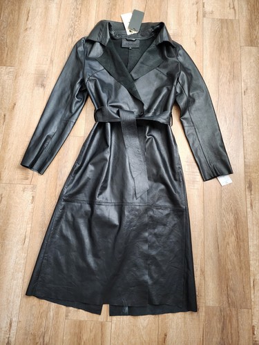 $445 NWT Cigno Nero 100% Leather Trench Spy Coat Black BUTTERY SOFT Women M READ - Picture 2 of 17