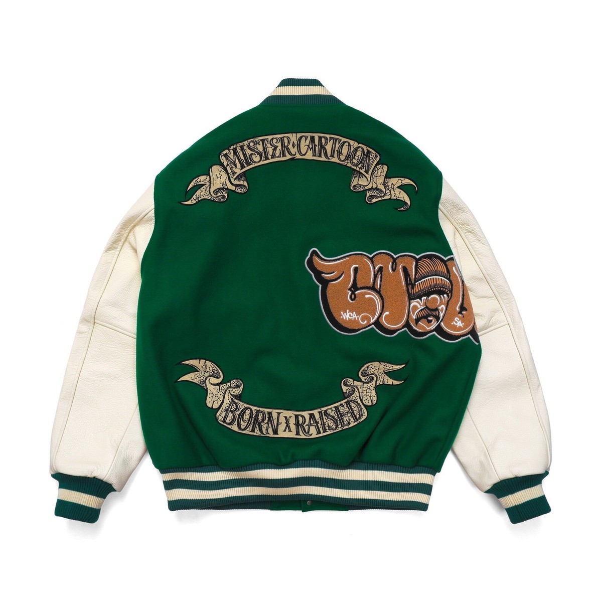 BORN X RAISED MR. CARTOON 2022 LIMITED EDITION GREEN VARSITY BORN X RAISED MR. CARTOON 2022 LIMITED EDITION GREEN VARSITY