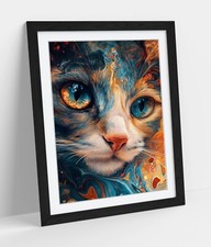 CAT IN ABSTRACT COLOURFUL SWIRL -FRAMED WALL ART POSTER PAPER PRINT