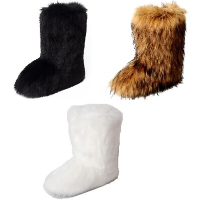 Faux Fur Boots for Women Fuzzy Fluffy Furry Round Toe Winter Snow