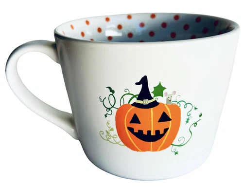 Grace’s Halloween Jack-o-Lantern Mug Trick or Treat Orange Polka Dots Pre Owned