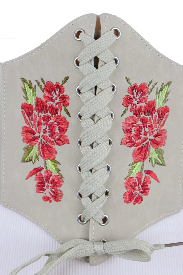 Mujeres Extra Ancho Imitación Cuero Beige Desnudo Corsé Moda Cinturón Rojo Flores Ajuste S M Foto 2 de 4