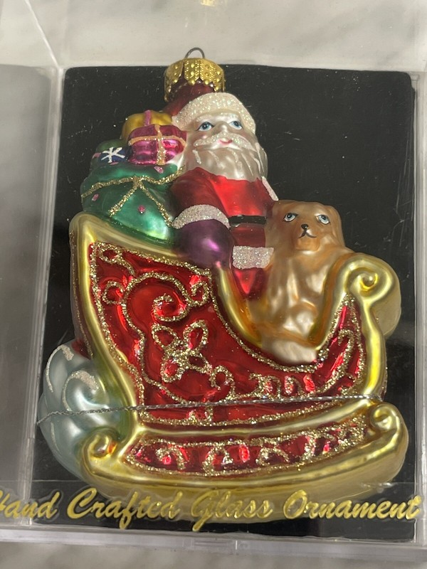 hand crafted glass ornament Santa in sleigh with puppy and presents New in Box