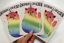 3 Cards Designer Greetings FUN Happy Birthday Unicorns CAT-ICORN Fun Day Cat