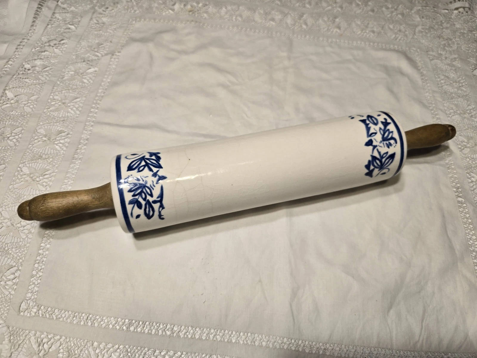 Antique Blue And White Floral Stonewear Rolling Pin 1900's