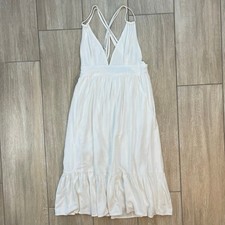 Lulus White Linen Blend Midi Dress M Criss Cross Back Cottagecore Wedding Guest