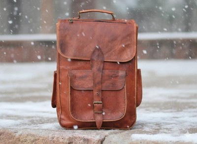 New Genuine Men's Brown Large Shoulder Goat Travel Backpack Rucksack Bag